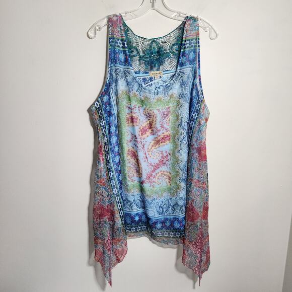 Emerald colorful floral print shark bite hem crochet back blouse woman's size 2X - Picture 2 of 10